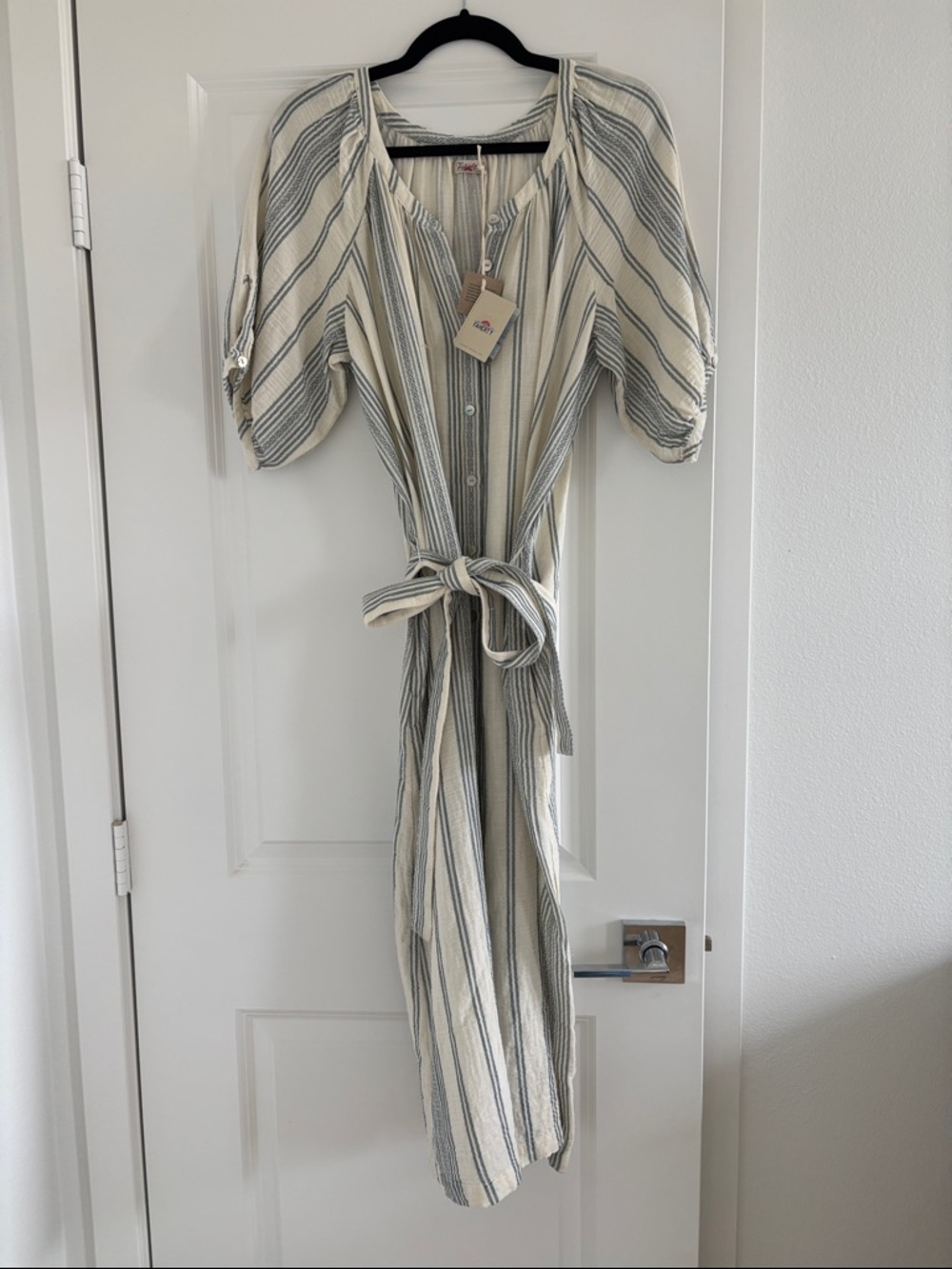 Faherty Cream Midi Dress with Blue Stripes